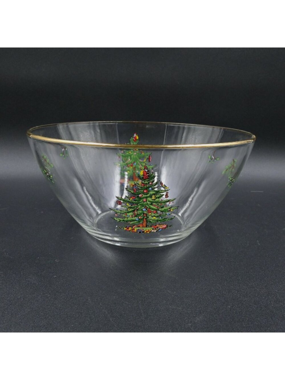Spode Christmas Tree 9" Glass Salad Bowl Gold Trim Holiday Serving Fruit
